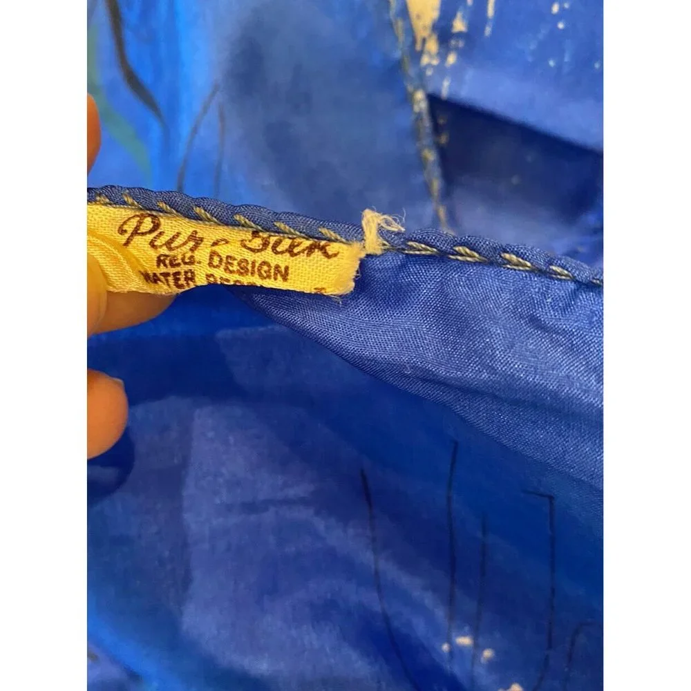 Vintage Pure Silk Scarf Carmen Miranda Dancing Woman‎ Fruit Blue Yellow Rolled